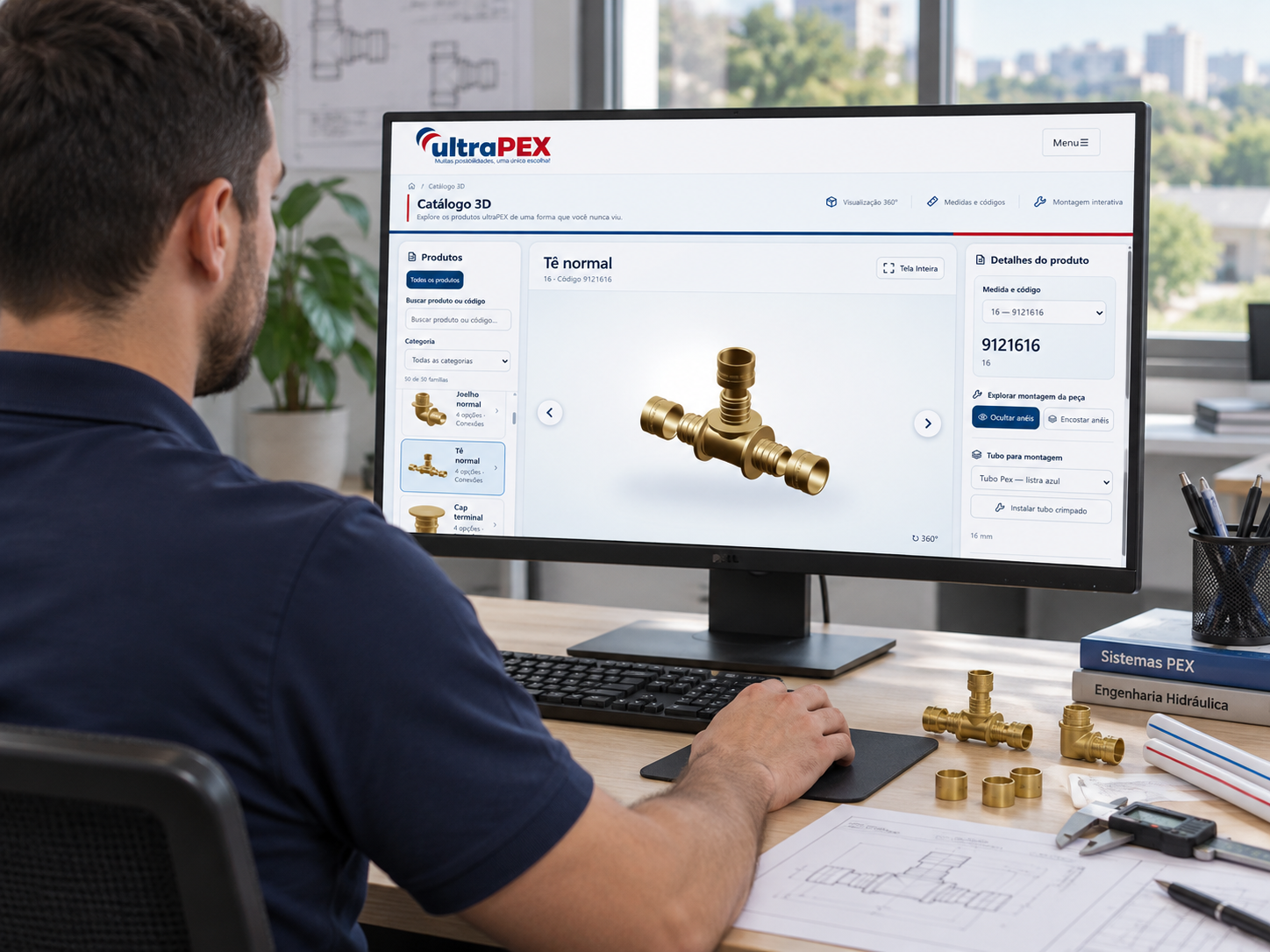 Pesquisa & desenvolvimento — pessoa utilizando o catálogo 3D ultraPEX com peças PEX sobre a bancada; imagem gerada