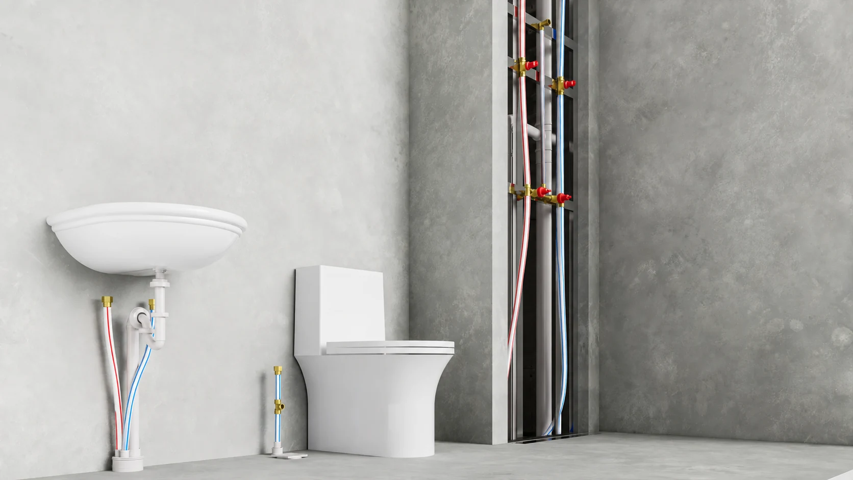 Kit hidráulico ultraPEX com tubos brancos com listras vermelhas e azuis e conexões em latão